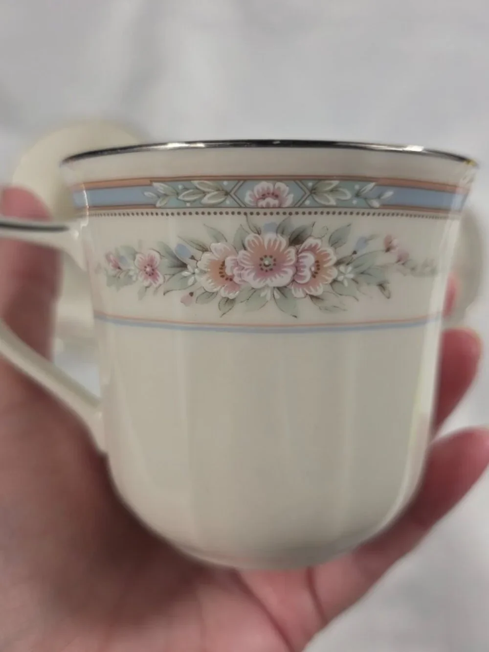 TWO Noritake Rothschild Cup & Saucer Sets Ivory Blue Band with Pink Flowers